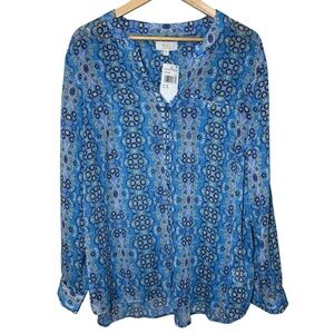 NEW Kut From Kloth Tunic Top Womens 1X Blouse Blue Floral Sheer Button Chiffon